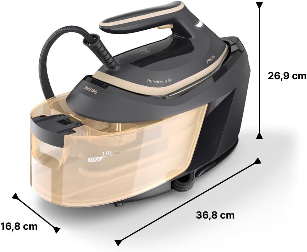 Philips PerfectCare 6000 – Hauptbild mit Dampfbügelstation, Bügeleisen und Smartphone