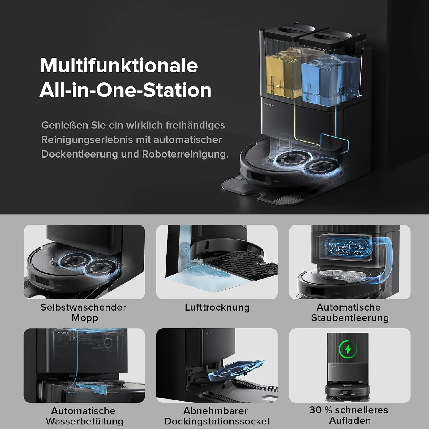 Roborock QV 35A – Hauptbild mit Station, Roboter und Smartphone