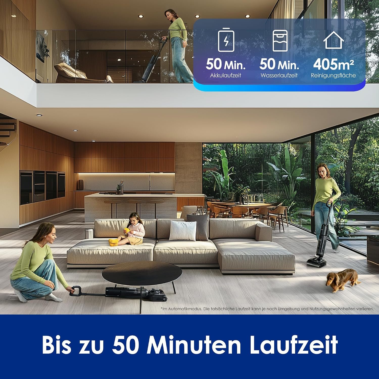 Tineco Floor One S7 Stretch Ultra – Hauptbild mit Selbstreinigung, Gerät und Smartphone